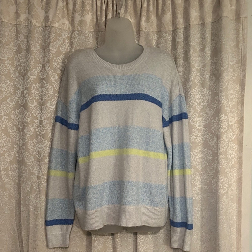 Elizabeth and James Light Blue and Cream Striped Crewneck Sweater